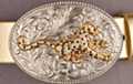 buckle, chrome oval with rhinestones on gold leopard