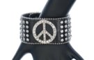 black leather rhinestone peace sign bracelet