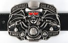 belt buckle with red eyed skeleton in tux on bike