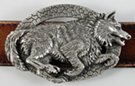 western pewter belt buckle with profile of running wolf on oval ring