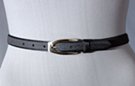 black 3/4" satin surface feather edge dress belt, 2-1/8" oblong nickel brush buckle, single loop retainer