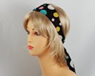 blue, yellow, pink and white dots on black headscarf attached to plastic headband
