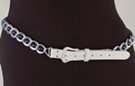 silver chain belt: double links inset with transparent blue round beads; white leather tab with silver buckle