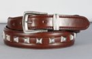 medium wide leather belt with single row of pyramid studs and silvery buckle