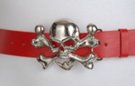 skull and crossbones buckle on red belt strap