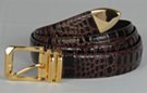 brown variable croc embossed dress belt with gold buckle and tip