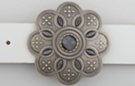 antique pewter eight petal curlicue flower belt buckle with cat eye stones