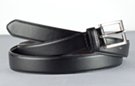 smooth low gloss black single stitch leather dress belt, rectangular, nickel polish buckle with leather keeper