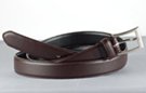 smooth low gloss brown single stitch leather dress belt, rectangular, nickel polish buckle with leather keeper