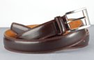 smooth brown double stitched leather belt, nickel polish buckle with stitched retainer loops