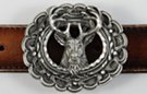 western belt buckle bearded buck in scalloped oval ring