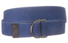 faded blue stone wash cotton canvas belt with nickel polish D-rings and leather tip