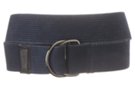 faded navy blue stone wash cotton canvas belt with nickel polish D-rings and leather tip