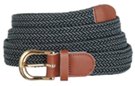braided knitted stretch belt, each chord in braid knitted from black and grey thread, tan leather tabs and brass buckle