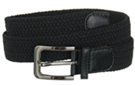 braided knitted stretch belt, black with black leather tabs and gunmetal buckle