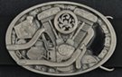 V-twin motorcycle engine belt buckle with drive chain border