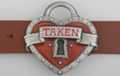 heart-shaped padlock belt buckle with "Taken" on banner