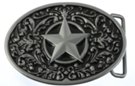 Texas star superposed on ring in oval western-style belt buckle