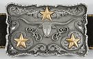 belt buckle with texas longhorn surrounded by three gold stars and leaf work