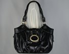 glossy tulip tote with golden "O" top flap