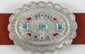 exploded turquoise and coral inlay concho western belt buckle