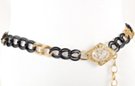 chain belt: double twisted black and gold links with medallion buckle