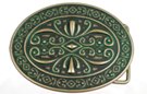 diamond and scrollwork verdigris and brass belt buckle