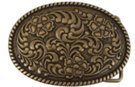 oval nickel western belt buckle, floral relief pattern