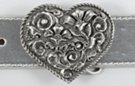 heart-shape pewter western belt buckle with western floral design