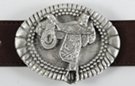 oval pewter western belt buckle with western saddle