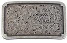 rectangular pewter belt buckle with western scrollwork embossed