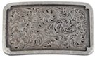 rectangular pewter belt buckle with western scrollwork embossed