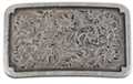 rectangular pewter belt buckle with western scrollwork embossed