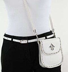 white shoulder pouch with black jeans