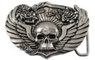 human skull on wings with roses belt buckle