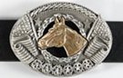 gold and pewter oval horse in winners circle belt buckle