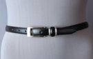 black 3/4" polished leather feather edge dress belt, extra-long rectangular silver-tone buckle, matching leather and double ring retainer