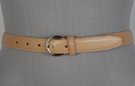 beige 1" polished leather belt, single stitched edge and retainer, nickel polish horseshoe buckle