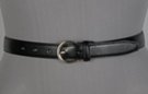 black 1" polished leather belt, single stitched edge and retainer, nickel polish horseshoe buckle