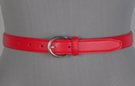 red leather belt with single stitched edge and retainer, nickel horseshoe buckle