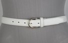 white 1" polished leather belt, single stitched edge and retainer, nickel polish horseshoe buckle