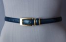 navy blue 3/4" polished leather feather edge dress belt, extra-long rectangular gold-tone buckle, matching leather and double ring retainer